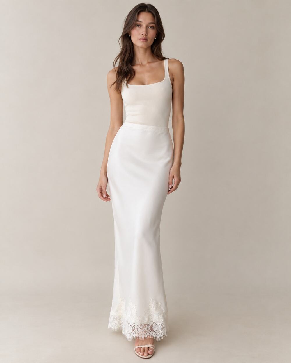 o.p.t. Elyse Ivory Satin Lace Maxi Skirt Elegant Formal Occasion Skirt
